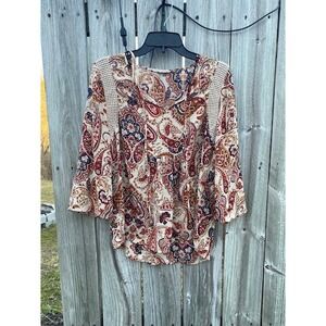 My Danielle Womens Paisley Crochet Trim Bell Sleeve Blouse Red Blue MD15017PR1 M